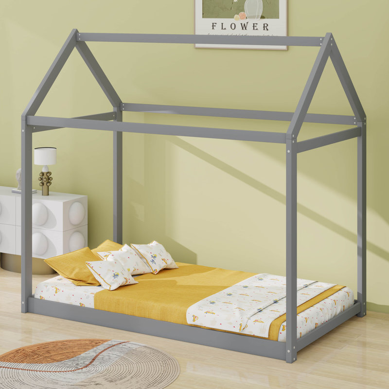 Lit simple en bois massif avec lattes, gris