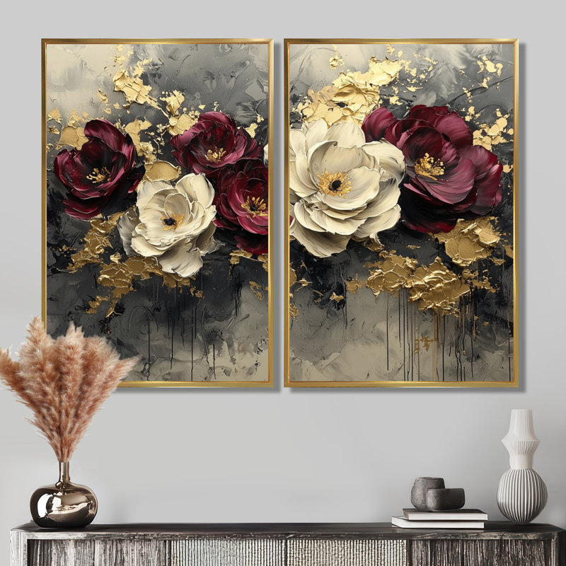 Burgundy Poppies Dreamscape At Night - Poppies Wall Art Wall Art, Red Floral Canvas Print Set Of 2, Gold, 36" H x 48" W