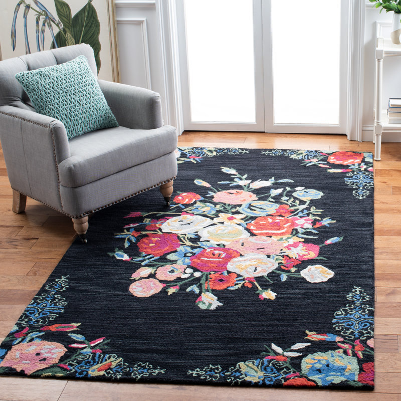 Tapis floral rouge / noir / bleu en laine / coton touffeté à la main Delmarco, Rectangle 9 pi x 12 pi