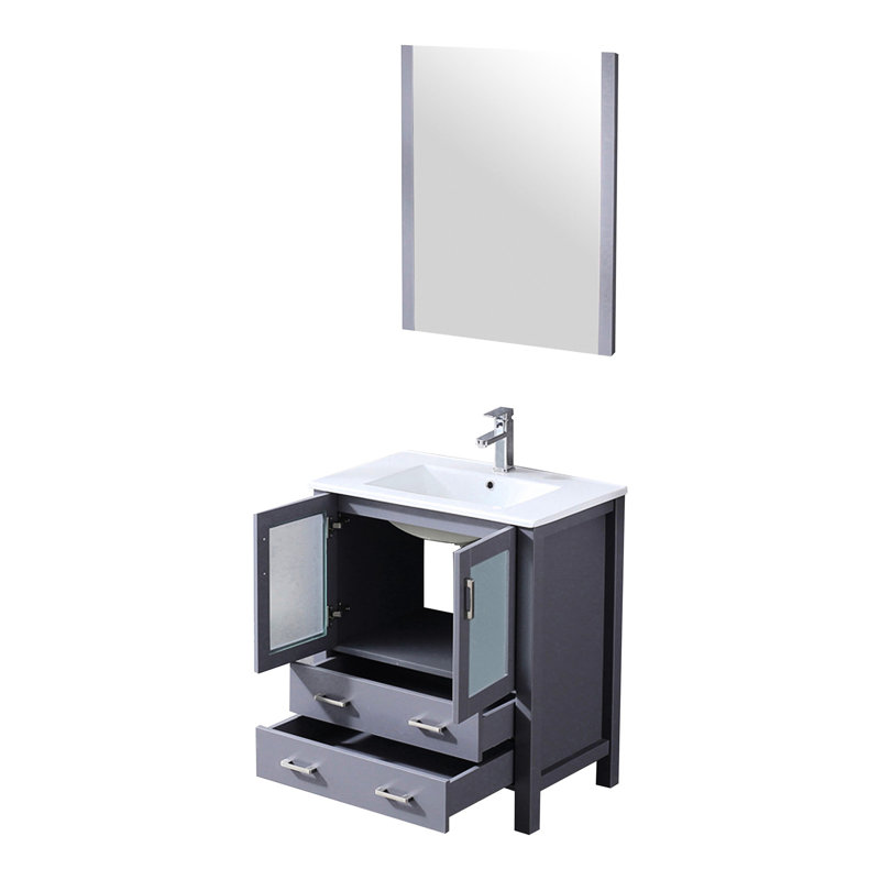 30 po Meuble-lavabo gris foncé avec comptoir en céramique blanc 18,25, robinet et comptoir à 28 miroirs, robinet à un trou en acier inoxydable