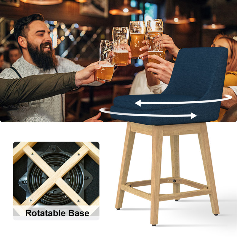 Malakeh Swivel Upholstered With Solid Wood Frame, Blue, 2, Counter Stool (26.7" Seat Height)