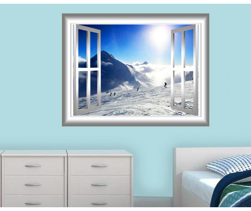 Décalcomanie murale fenêtre en 3d snow mountain, H 28 po x l 36 po x P 0,01 po