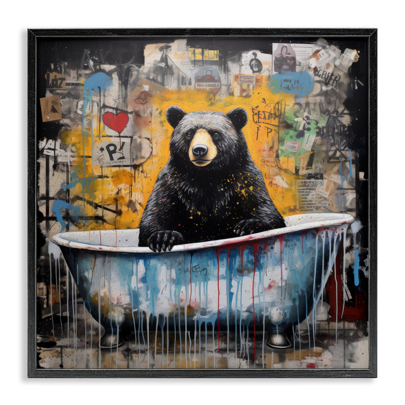«Graffiti Bathing Bear», estampe numérique par Lazar Studio, H 12 po x l 12 po, Giclée encadrée noir minuit