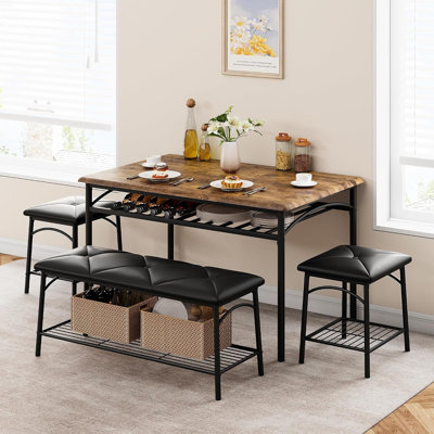 Ensemble de table de salle à manger pour 4 personnes, ensemble de table de cuisine avec banc rembourré et 2 tabourets carrés, structure en métal avec tablettes de rangement, peu encombrant pour les appartements, salle à manger, petits espaces