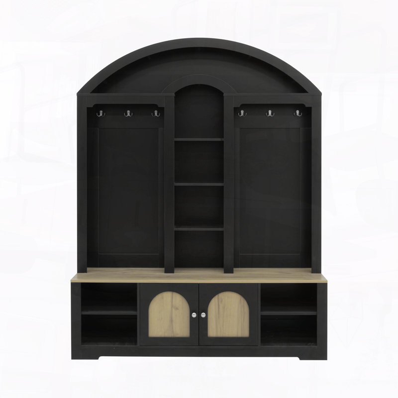 Modern Multifunctional Wardrobe with Storage and Hooks, Black/Natural