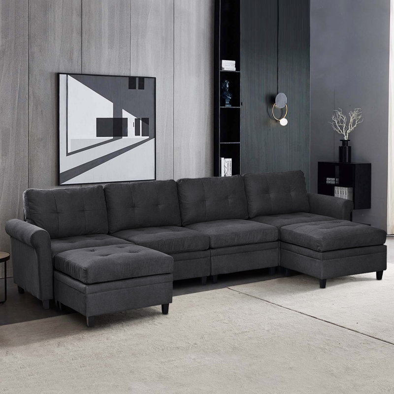 Canapé modulaire rembourré en U avec rangement et chaises réversibles de 115 po Winston Porter, Tissu noir