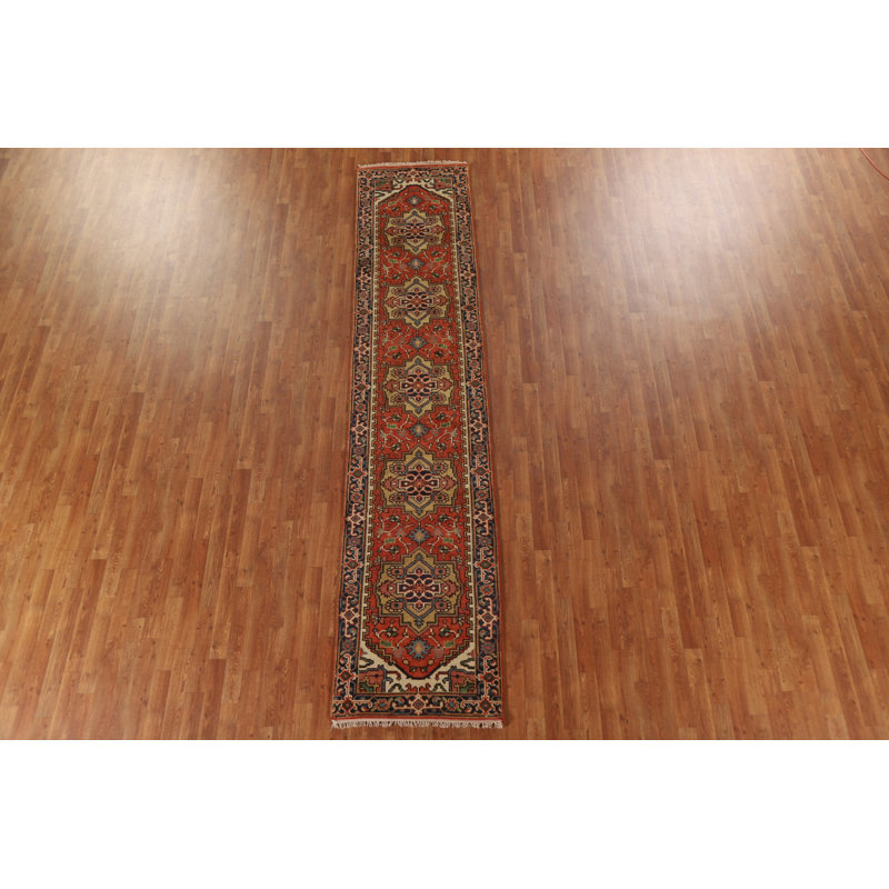 Tapis de couloir orange géométrique Heriz Serapi fait à la main 3 x 12