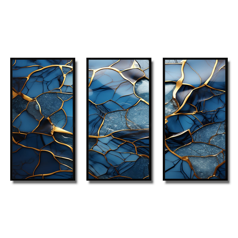 «Gold and Blue Marble Mosaic Agate III», reproduction d'art murale abstraite, H 28 po x l 36 po x P 1 po, Cadre flottant noir