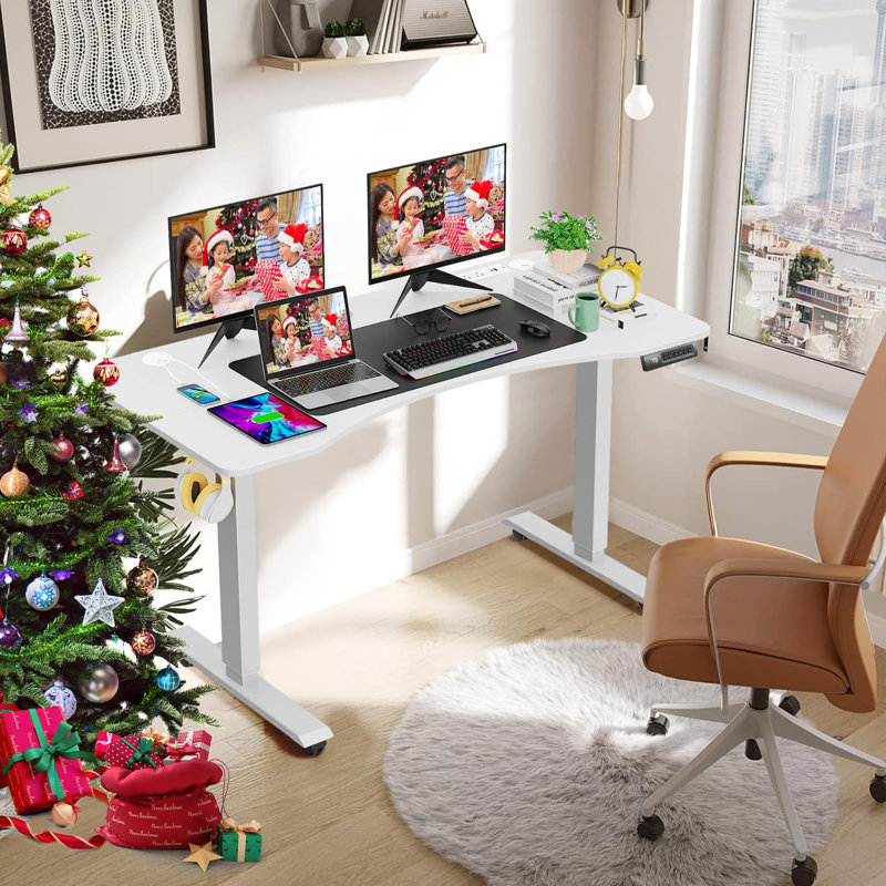 Meegan 63"  Electric Height Adjustable Standing Desk With 4 Casters And Charging Stations, 2 Hooks, Big Mouse Pad, White
