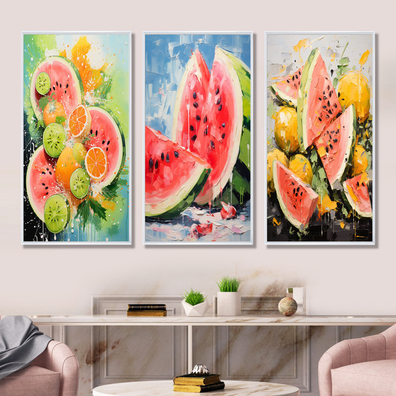«Summertime Watermelon Fruit I - Fruit», ensemble de 3 reproductions d'art mural, Cadre flottant blanc, H 28 po x l 36 po