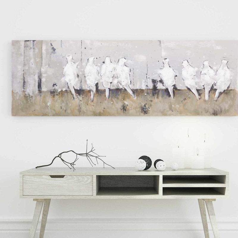 « huit perché oiseaux », reproduction de peinture à l’huile sur toile, H 20 po x l 57,87 po