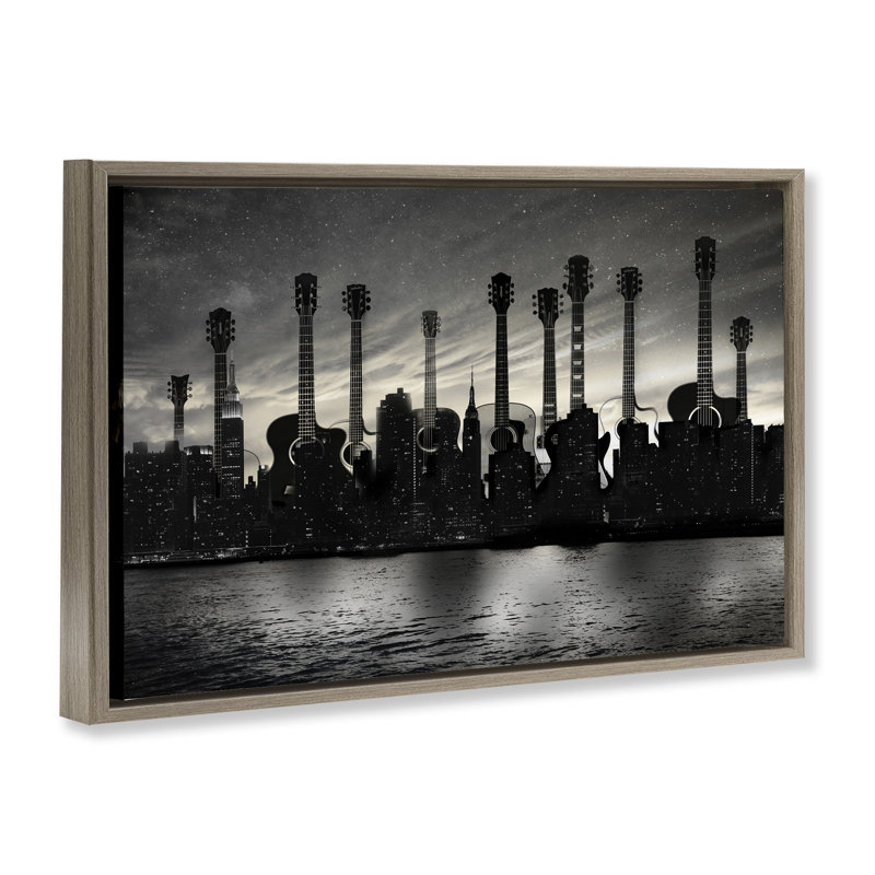 Cadre flottant Guitare Skyline Cityscape, conception par CAD Designs, Montalcino orme flottant encadré, H 21 po x l 31 po