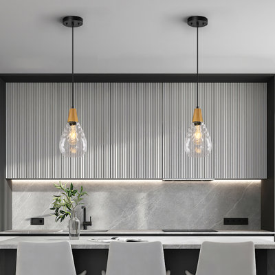 Modern Farmhouse Pendant Lighting Glass Pendant Lights Kitchen Island With E26 Wood Lamp Cup Hammered Glass Pendant Light Fixtures  For Kitchen Island Bedroom