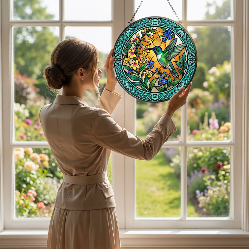 Panneau de vitrail à motif floral Colibri ， H 12 po, H 12 po