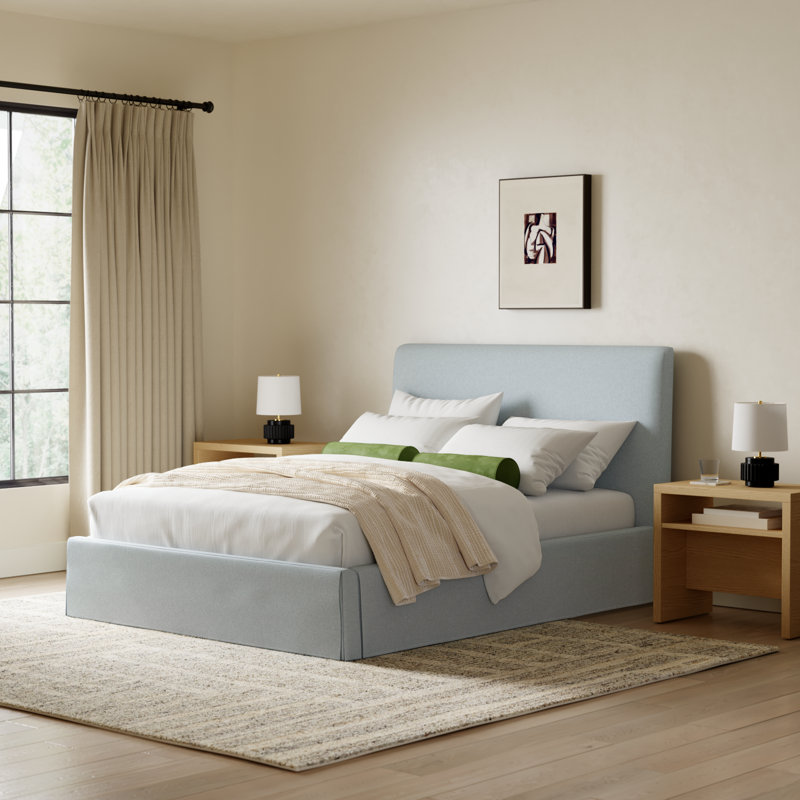 Zatanna Upholstered Low Profile Platform Bed, Blue, Queen