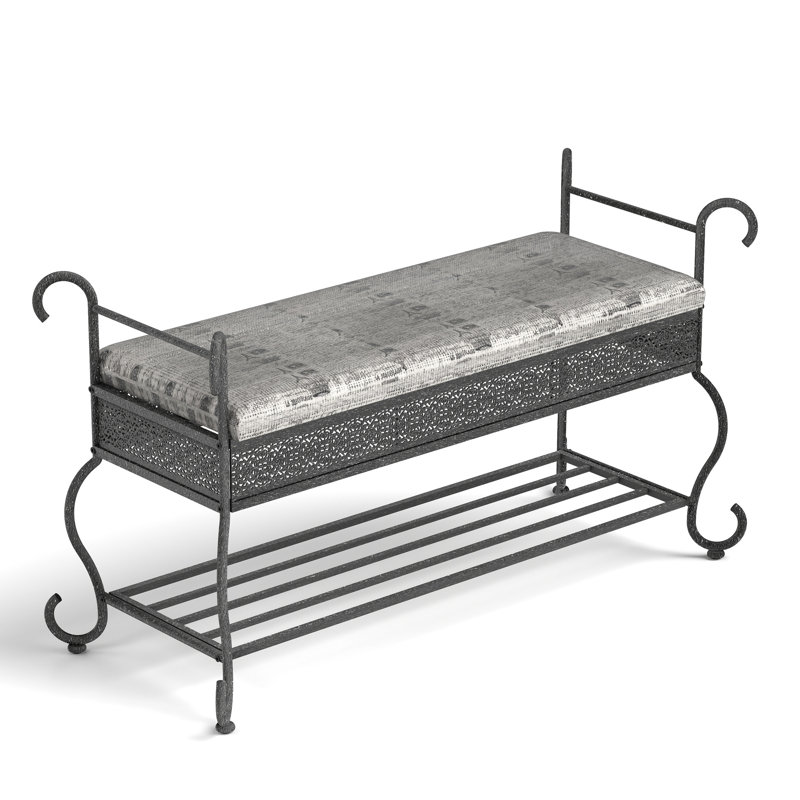 Rembourré, banc rectangulaire pour vestibule, détails argentés, tissu et métal, tablette ouverte, banc rembourré à usages multiples, garniture, fabrication,