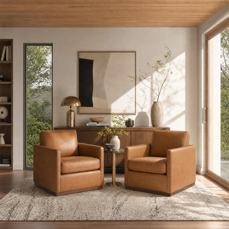 Assiatou Wide Swivel Arm Chair, Saddle Brown Pebbled Faux Leather