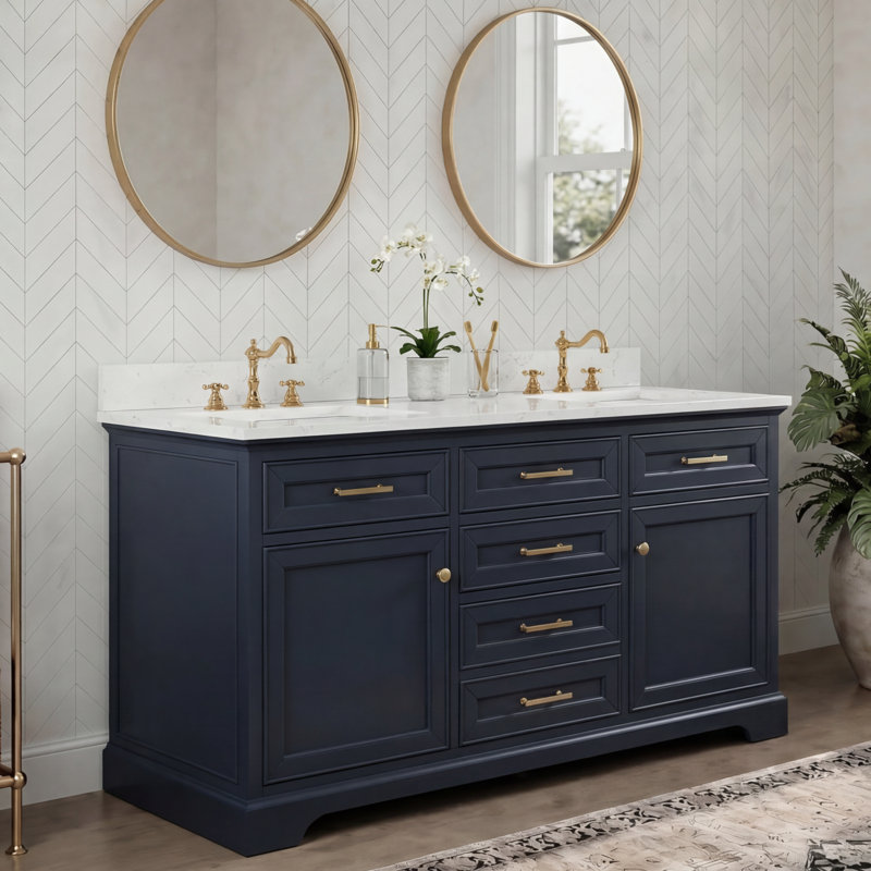 Thompson 60" W Double Vanity, Indigo Blue/Brushed Gold