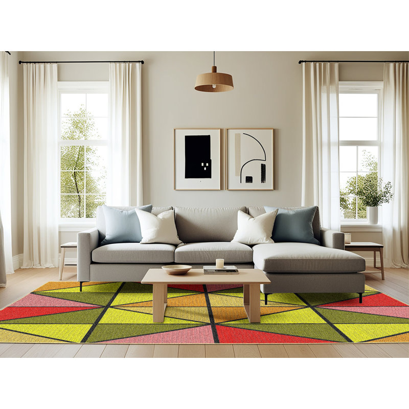 Tapis vert/jaune/rouge à motifs, Rectangle 6 pi x 9 pi