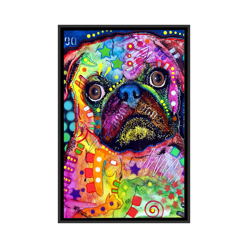 «Pug 92309» par Dean Russo - reproduction sur toile, H 26 po x l 18 po x P 1,5 po, Toile avec cadre noir