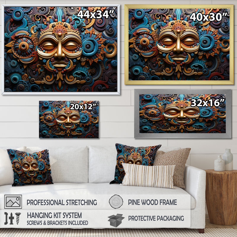 «Teal Gold Mexico Vibrant Aztec Mask I», reproduction sur toile, Cadre doré simple, H 12 po x l 20 po x P 1 po
