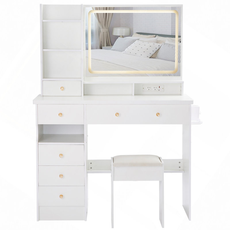 41" Left Drawer Desktop Vanity Table With Cushioned Stool Dresser Set, 2 AC With 2 USB Power Station, Hair Dryer Stand, Touch Control LED Mirror, 3-Color Switch, EPA, GCC, UL Certificate