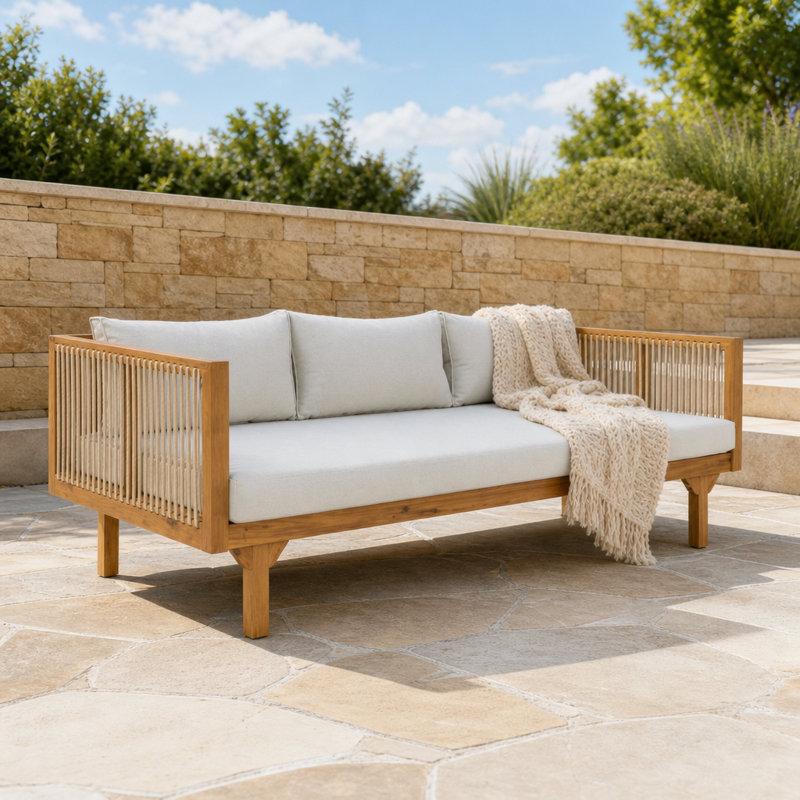 Canapé d'extérieur résistant aux intempéries avec coussins moelleux épais, structure en bois naturel durable, détails de soutien sur le côté et le dos tissés