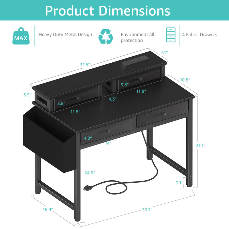 Adjustable Height Iron Computer Desk with Built-In Electrical Outlet, Black