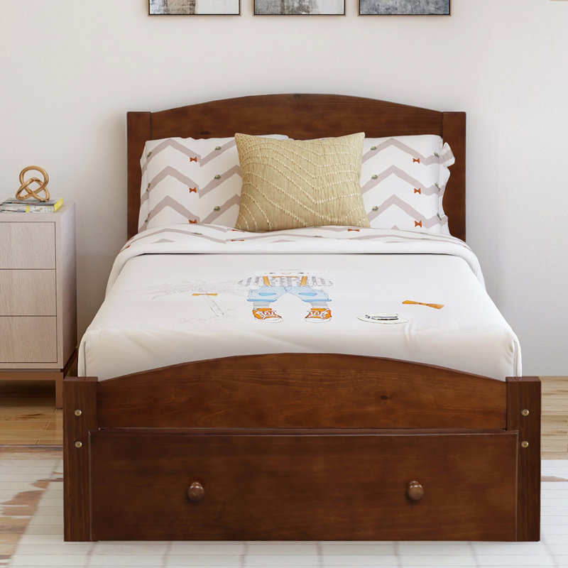 Structure de lit plateforme simple avec tiroir de rangement et support en lattes de bois sans sommier, Noyer