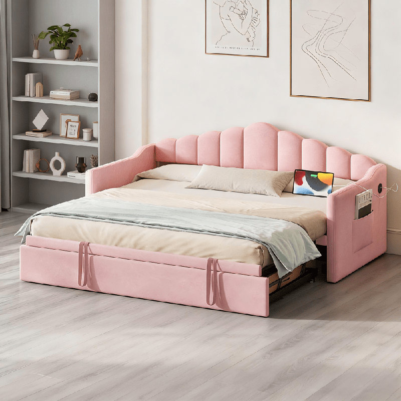 Lit de jour rembourré simple avec lit gigogne escamotable à hauteur réglable et port de charge USB et Type-C, structure de lit de jour avec 2 poches latérales, aucun sommier nécessaire, rose