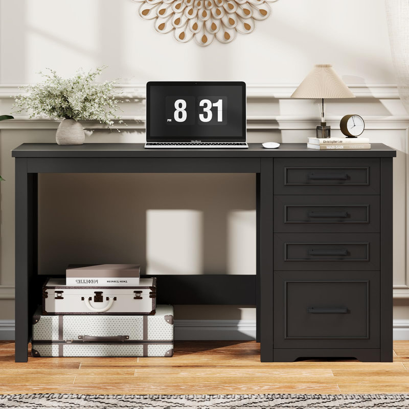 Farmhouse 49” Executive Desk With File Drawer, 4 Drawers Reversible Computer Desk, Black