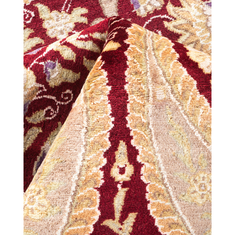 Tapis rouge en laine noué à la main de conception unique 6 pi 2 po x 9 pi 1 po Hayner