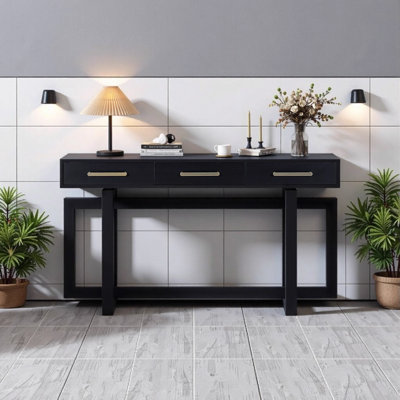 Elegant 57-Inch Extra Long Console Table with 3 Drawers, Modern Minimalist Entryway Table for Hallway, Living Room, Foyer, Corridor - Black