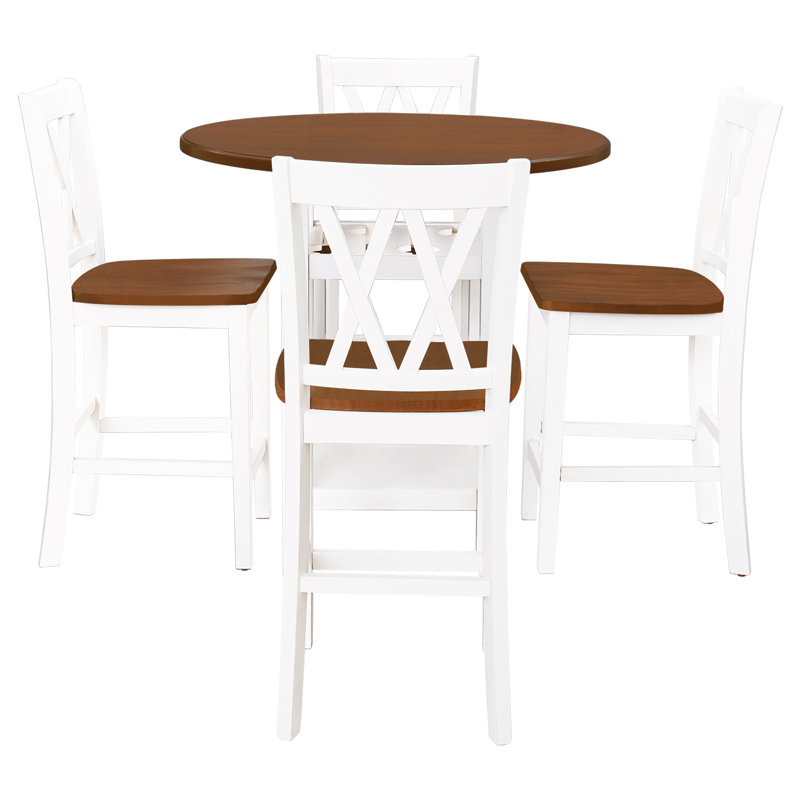 Ensemble de table de salle à manger 5 pièces à hauteur de comptoir de style moderne avec tablette de rangement, support en verre et 4 chaises à dossier croisé, chaise de salle à manger, ensemble de table de salle à manger, cerisier et blanc