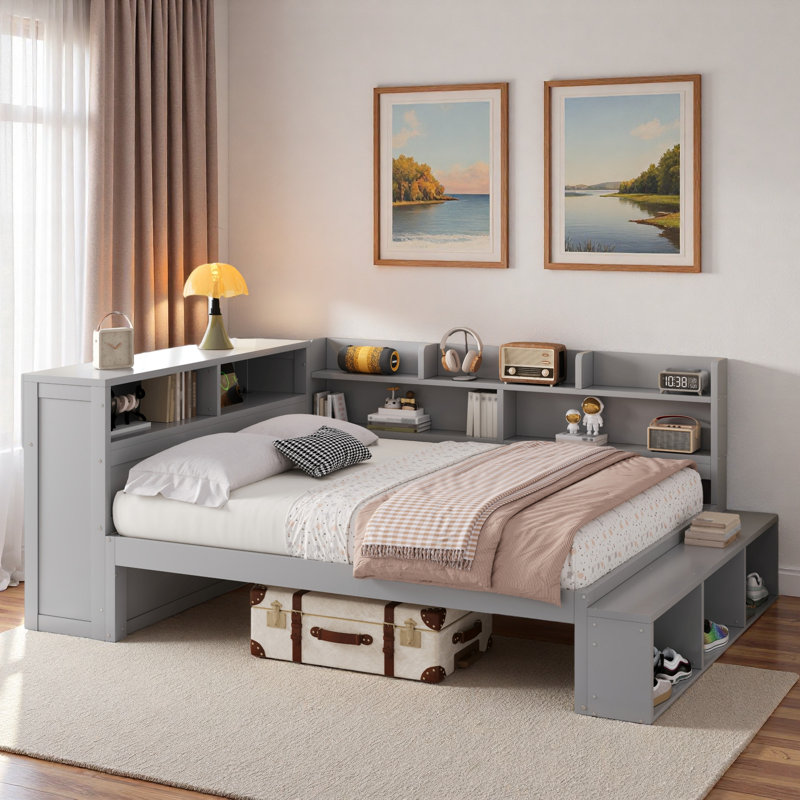 L-shaped Daybed With Storage Cabinets, Shoe Cabinet And Usb Ports, Gray