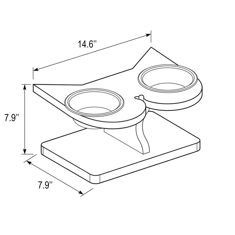 Gamelle double surélevée moderne sur le thème des chats, en bois naturel et argent (5,5'' de diamètre x 2,2'' de hauteur)