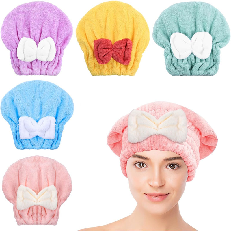 Microfiber Hair Drying Caps, 5-Pack Extra Soft and Ultra Absorbent Fast-Drying Hair Turban Wraps, Hair Towels - 5 Pack