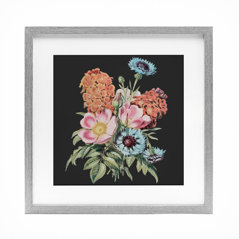 Étude de bouquet rétro sur verre encadré noir, conception par Dan Meneely, Cadre de ferme gris, H 16 po x l 16 po