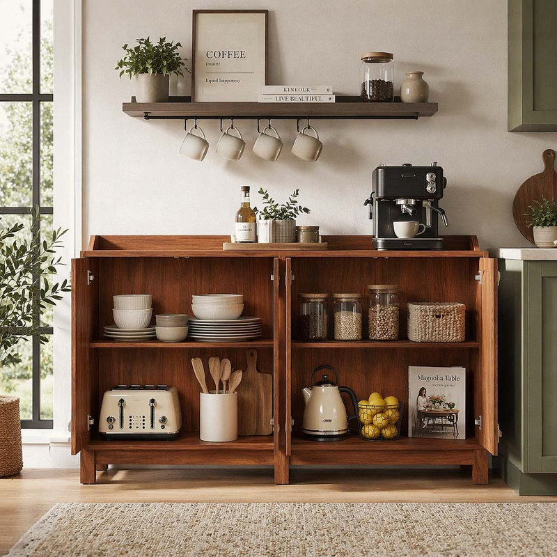 57 Inch Farmhouse Sideboard Buffet Cabinet, 4-Door Shutter Door Storage Console with Adjustable Shelves, Solid Wood Legs Moisture Resistant Media Cabinet for Kitchen Dining Living Room