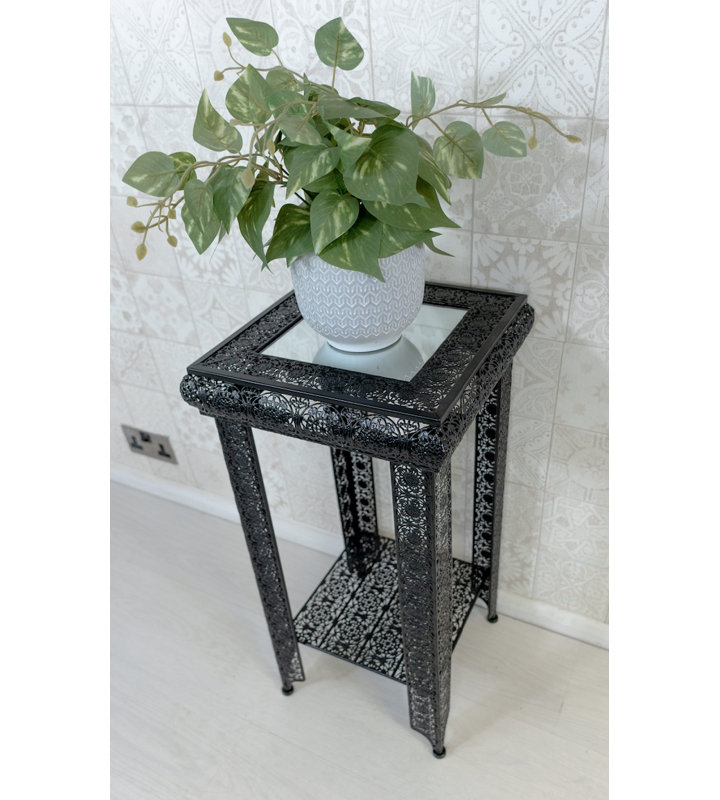 Muhja Embossed Metal & Glass Moroccan Style Lamp Plant Table, Black