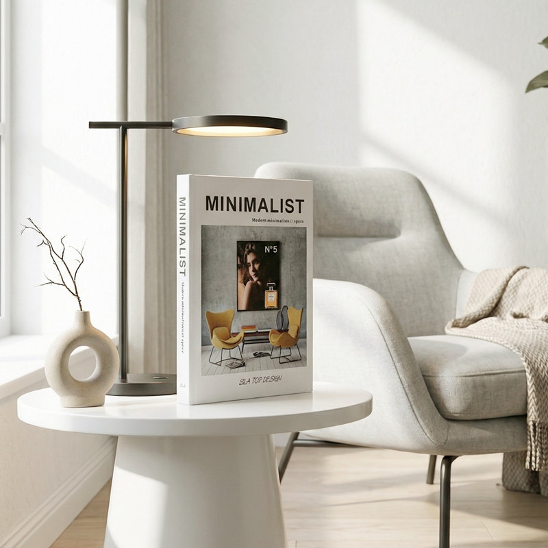 Table basse blanche, décor de livre à couverture rigide moderne avec chaise et œuvre d'art de parfum pour tablettes et manteaux