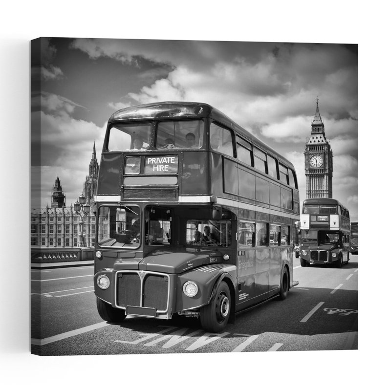 Affiche murale abstraite contemporaine représentant un autobus londonien classique et Big Ben., 36" H x 36" W