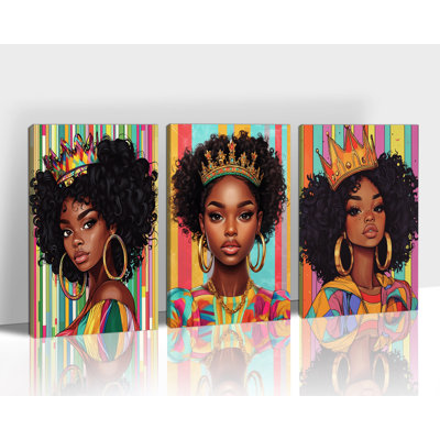 GUTTATY 3PCS African American Wall Art Prints, Black Women Crowned Canvas Wall Decor, Vibrant Afrocentric Portraits Artwork, Regal Queen Painting Set for Living Room or Bedroom, 20"x30"x3pcs
