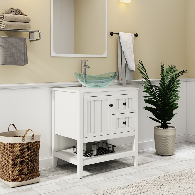 Ensemble de meuble-lavabo simple 30 po avec lavabo vasque, robinet et drain Sharee, assemblage requis, Blanc