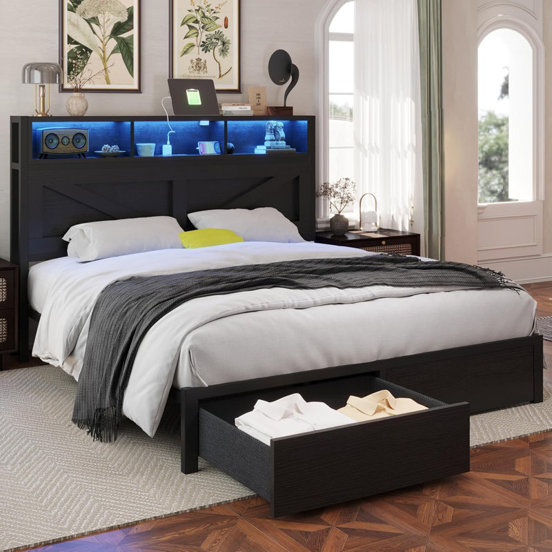 Farmhouse Bed Frame with LED Charged Bookcase Headboard and Storage Drawers, No Box Spring Needed, Black, Full