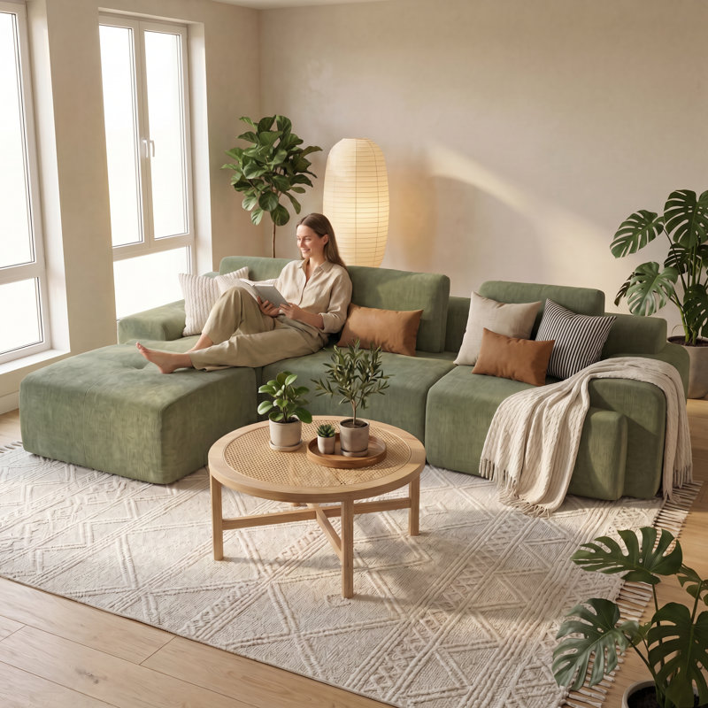 122" Wide Sectional Compression Sofa With Modular Seating Plush Cushions & Ottoman, Green Polyester
