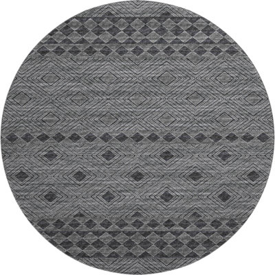 8' Gray And Black Geometric Washable Round Rug With UV Protection