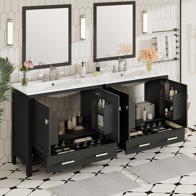 Meuble-lavabo 72 po avec lavabo en céramique, portes à fermeture en douceur, tablettes de rangement doubles et tiroir divisé - Armoire de salle de bain moderne avec beaucoup de rangement