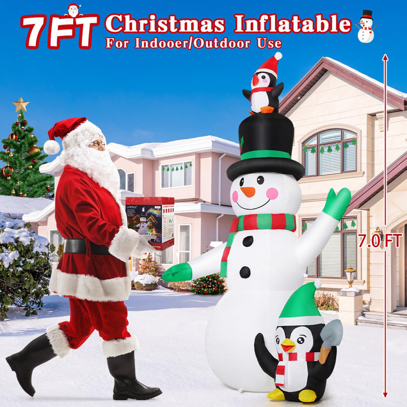 Bonhomme de neige gonflable de Noël de 7 pi avec pingouins sur la tête et sur le côté GOOSH - musique intégrée et lumières DEL à 360 °