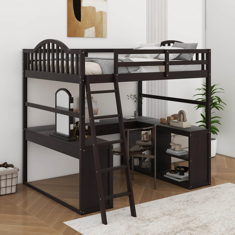 Lit mezzanine double en bois avec bureau, compartiments de rangement et miroir à trois volets, Gris